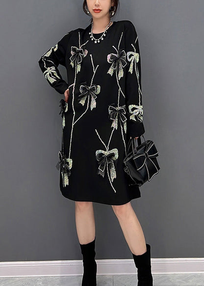 Loose Black O-neck Bow Knit Long Dresses Winter