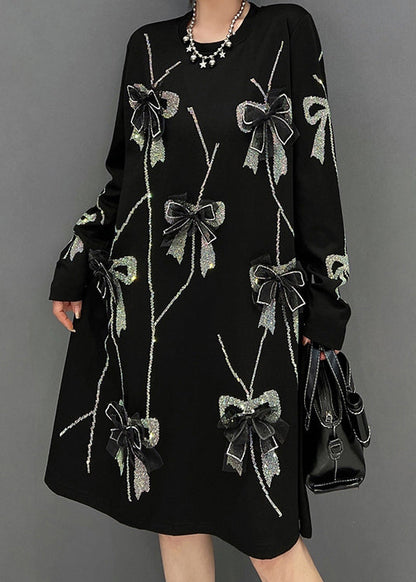 Loose Black O-neck Bow Knit Long Dresses Winter