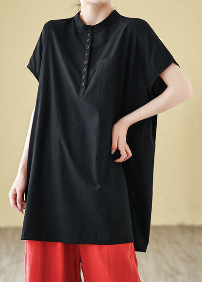 Loose Black O Neck Button Cotton T Shirts Summer