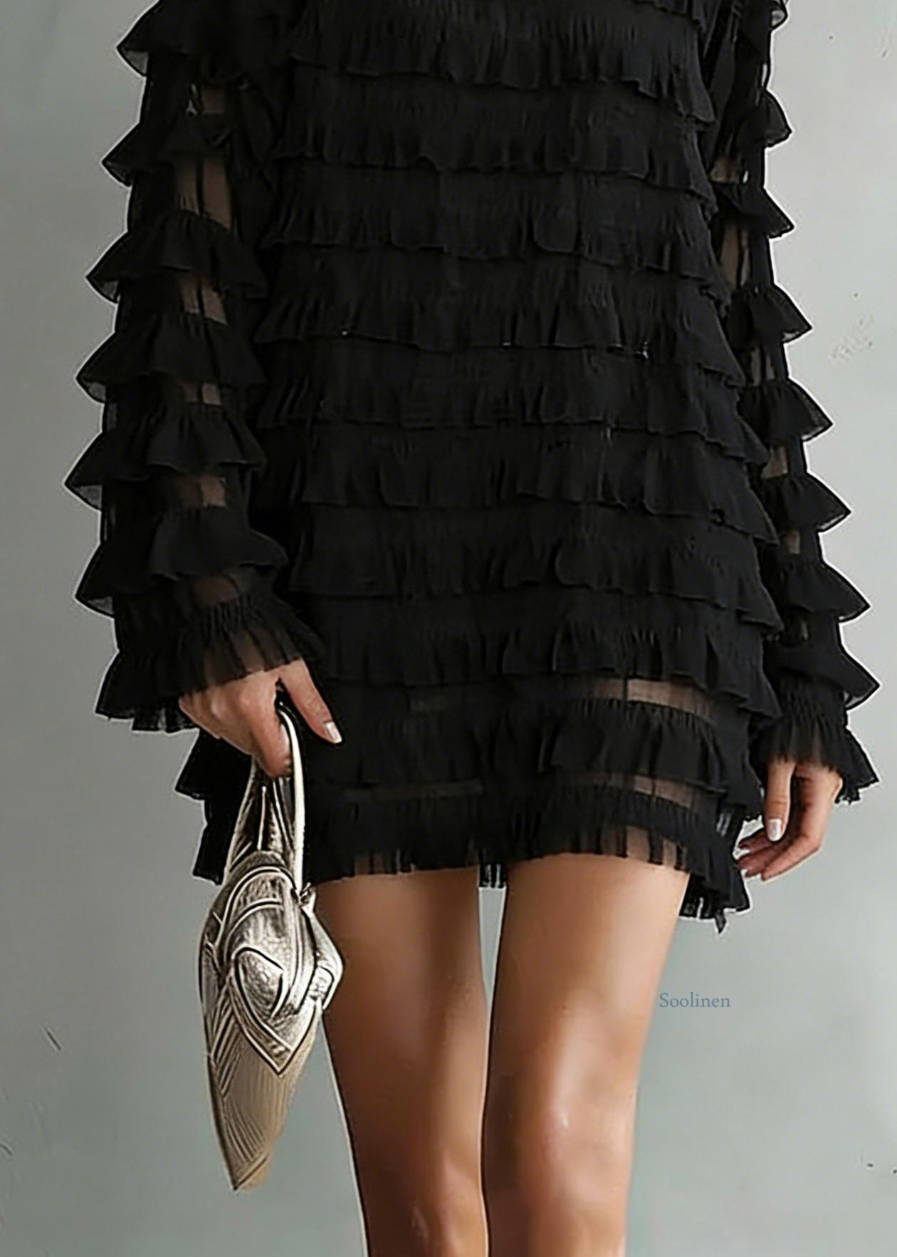 Loose Black O-Neck Chiffon Top Long Sleeve