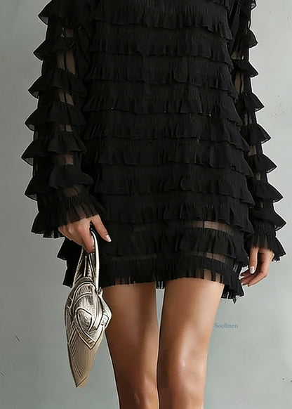 Loose Black O-Neck Chiffon Top Long Sleeve