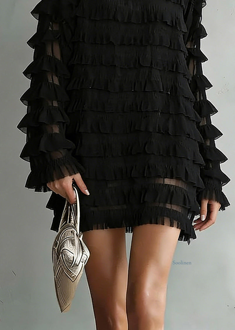 Loose Black O-neck Chiffon Top Long Sleeve