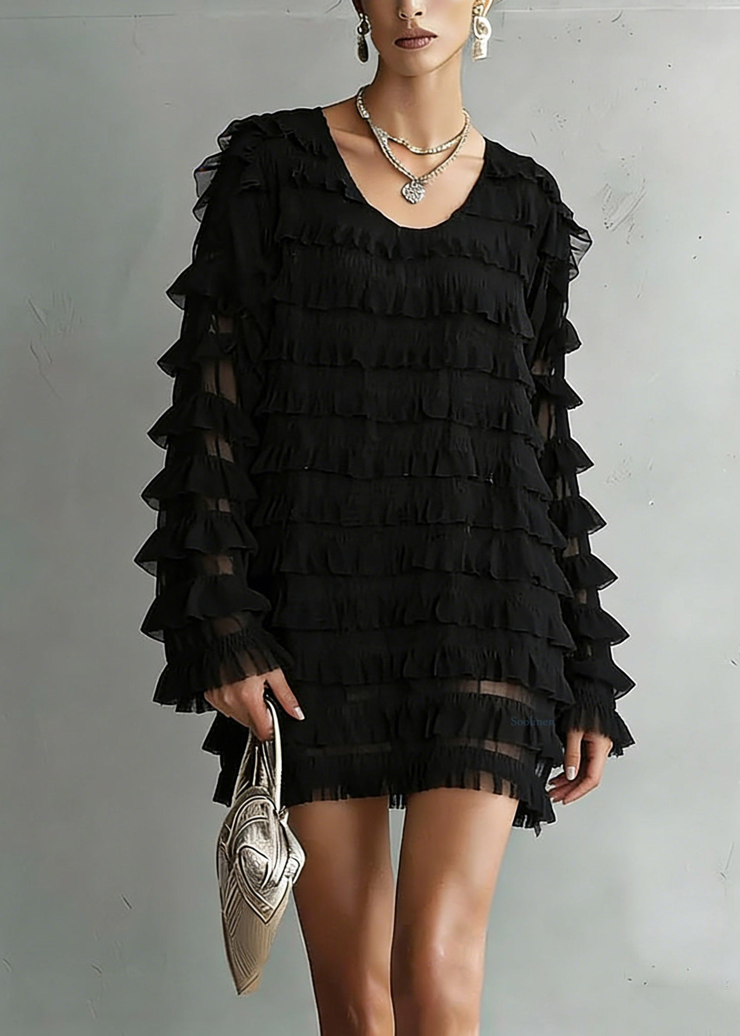 Loose Black O-Neck Chiffon Top Long Sleeve