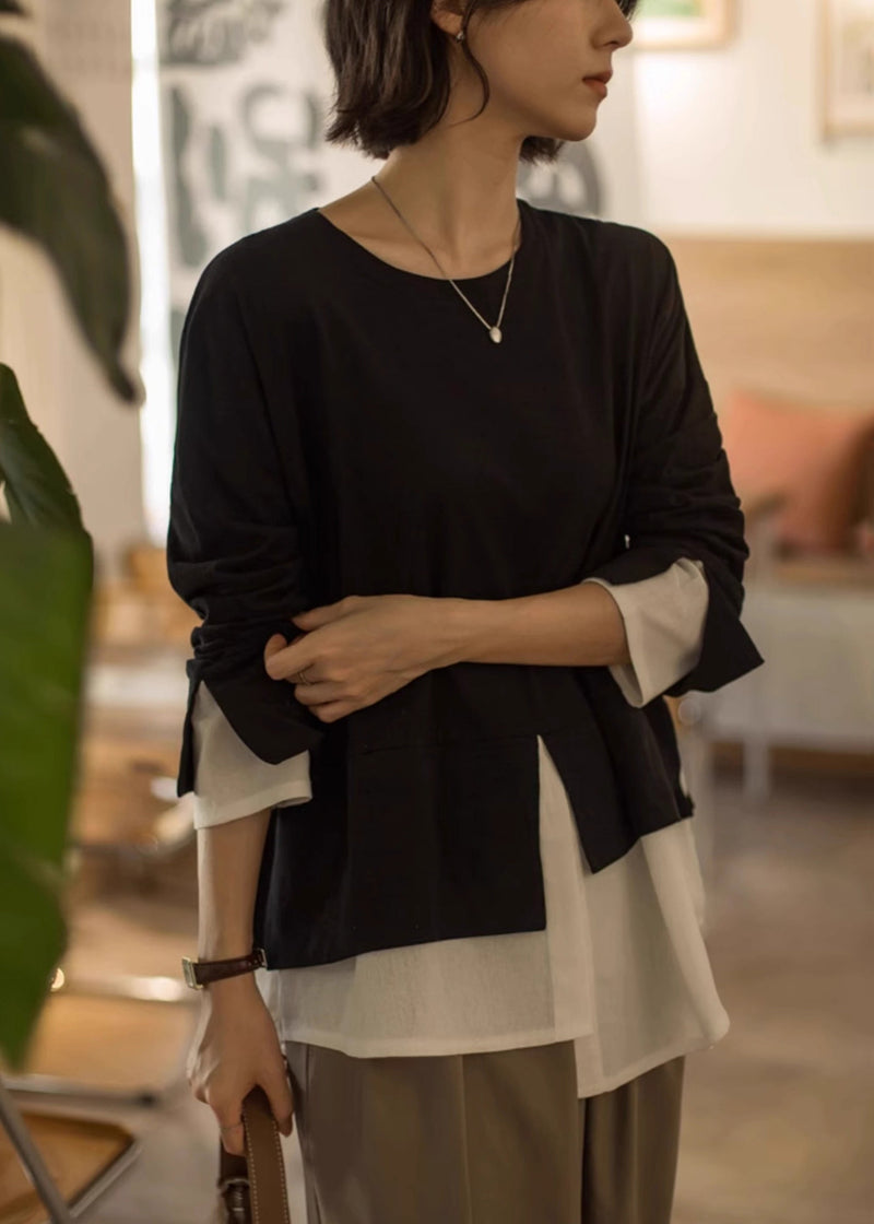 Loose Black O-neck False Two Pieces Cotton T Shirt Long Sleeve