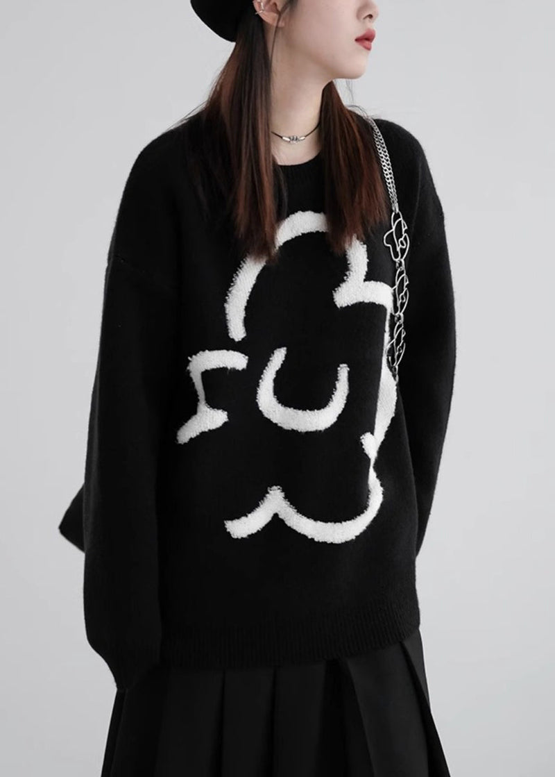 Loose Black O-neck Cozy Knit Sweaters Winter
