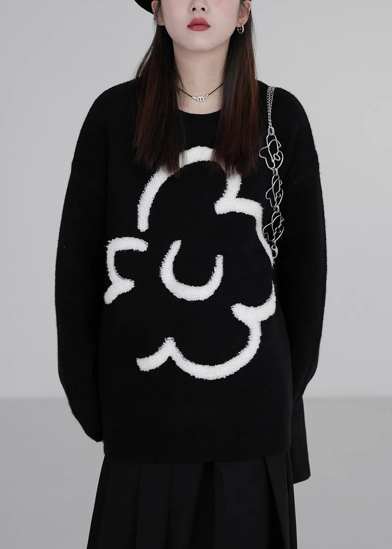 Loose Black O-neck Cozy Knit Sweaters Winter