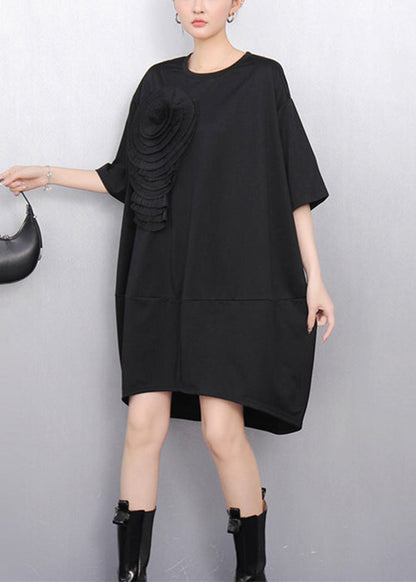 Loose Black O Neck Dress Half Sleeve
