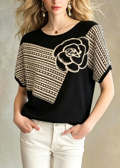 Loose Black O Neck Zircon Knit Top Summer