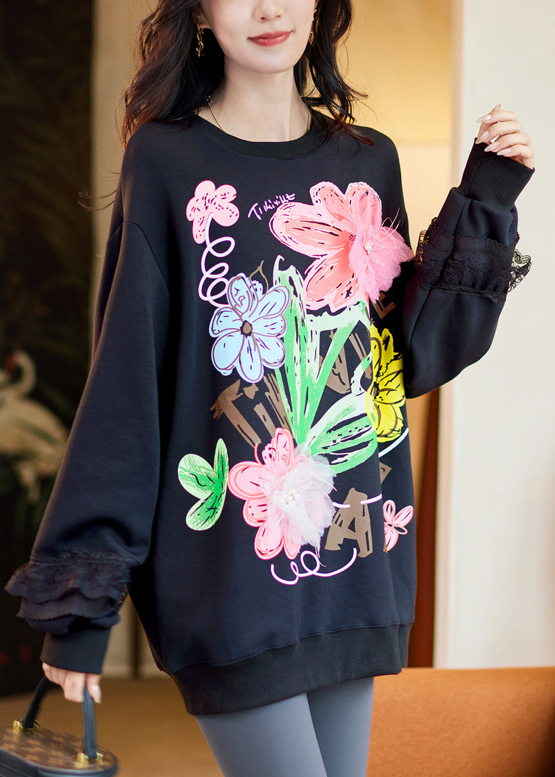 Loose Black O-neck Lace Patchwork Sweatshirt Fall