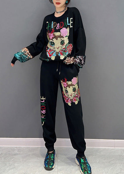 Loose Black O-neck Little Cat Print Top and Beam Pantstwo Pieces Set Spring