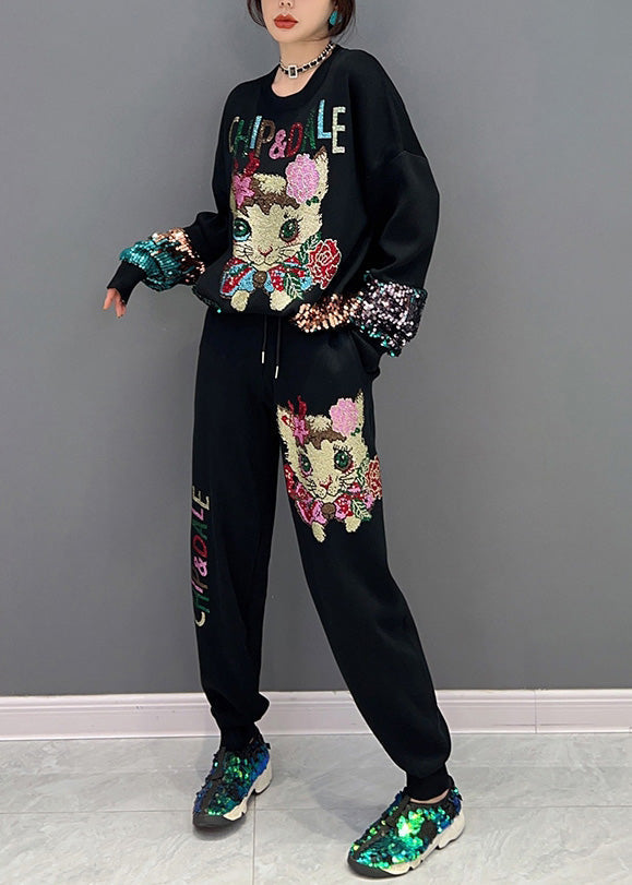 Loose Black O-neck Little Cat Print Top and Beam Pantstwo Pieces Set Spring