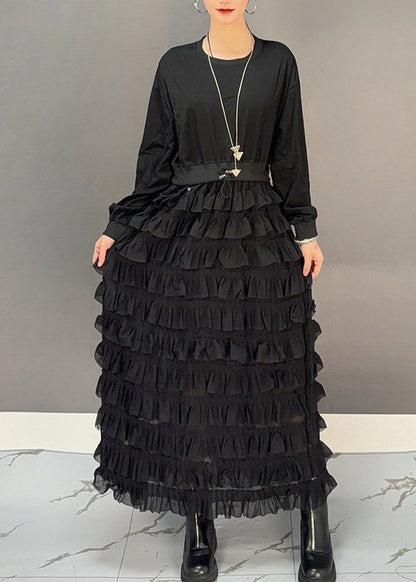 Loose Black O-neck Patchwork Chiffon Maxi Dresses Spring