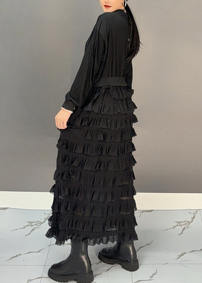 Loose Black O-neck Patchwork Chiffon Maxi Dresses Spring