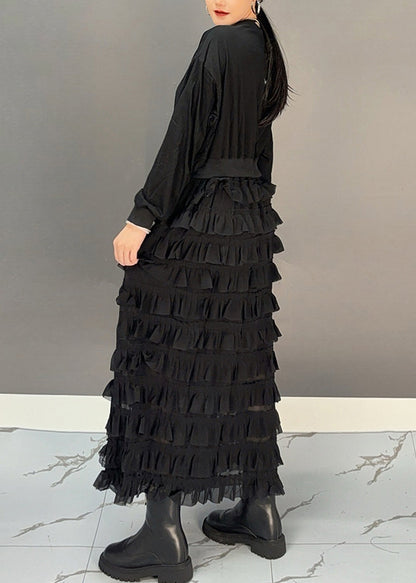 Loose Black O-neck Patchwork Chiffon Maxi Dresses Spring