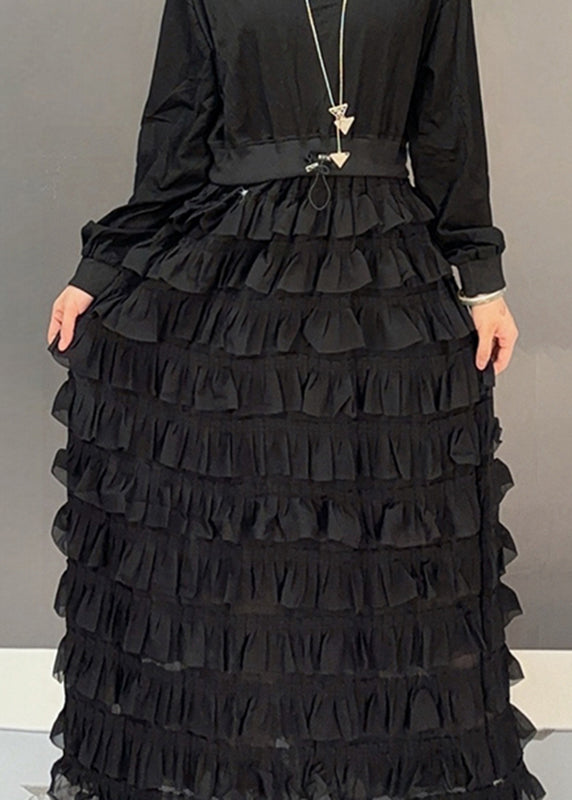 Loose Black O-neck Patchwork Chiffon Maxi Dresses Spring