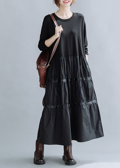 Loose Black O-neck Patchwork Cotton Holiday Dress Spring