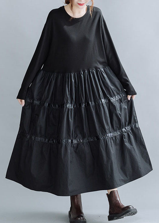 Loose Black O-neck Patchwork Cotton Holiday Dress Spring