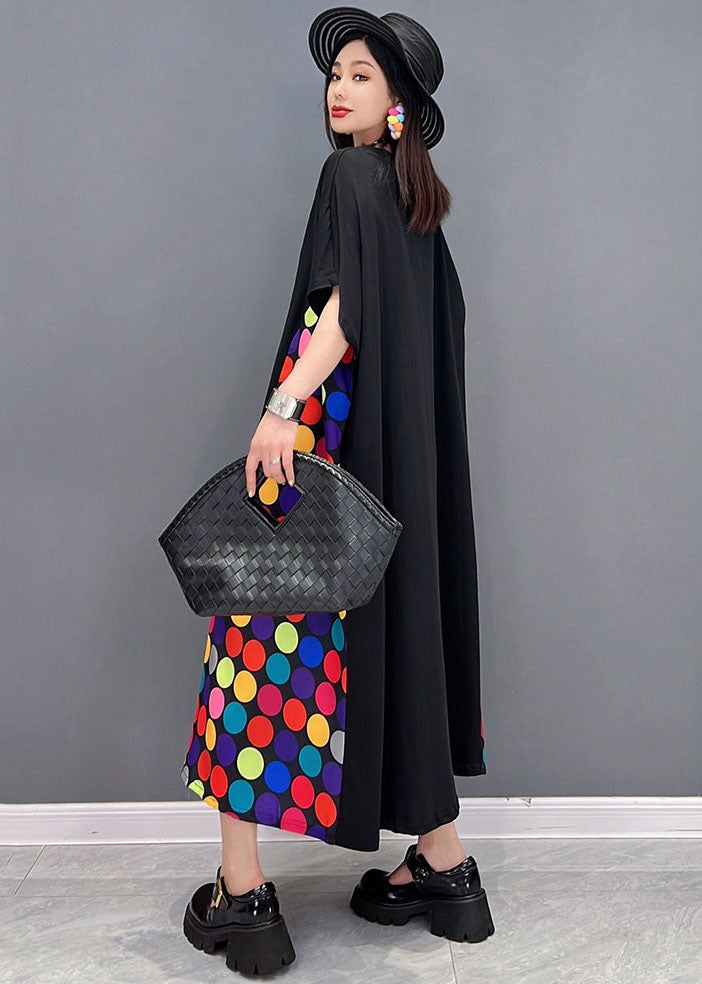 Loose Black O-neck Patchwork Multi Dot Print Cotton Long Dress Short Sleeve