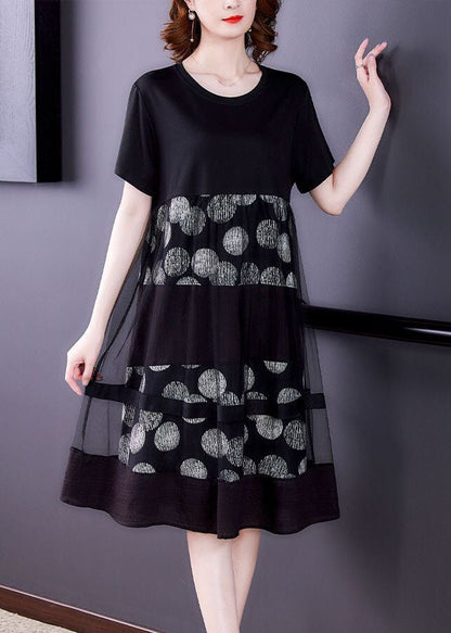 Loose Black O-neck Patchwork Tulle Cotton Fake Two Piece Dress Summer