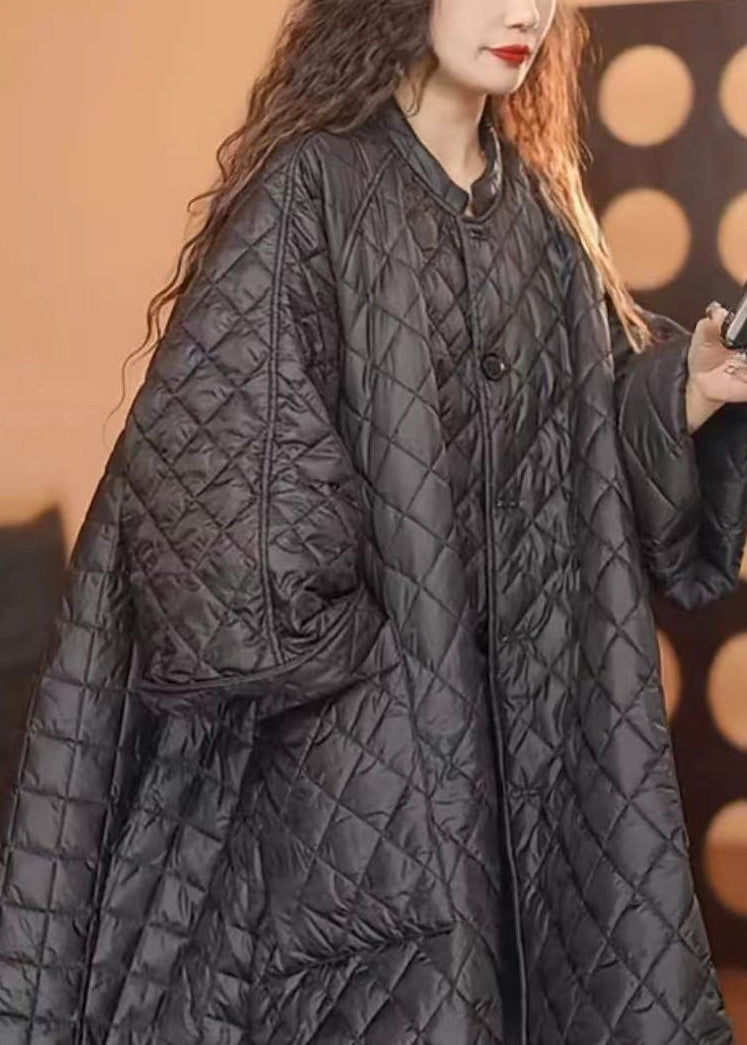 Loose Black O-neck Plaid Patchwork Button Pockets Parka Spring
