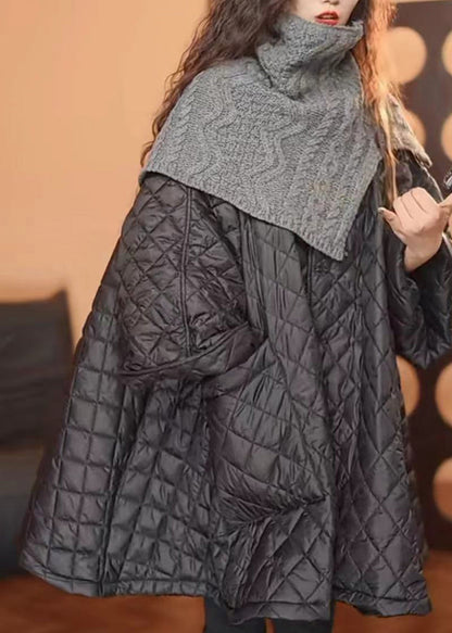 Loose Black O-neck Plaid Patchwork Button Pockets Parka Spring