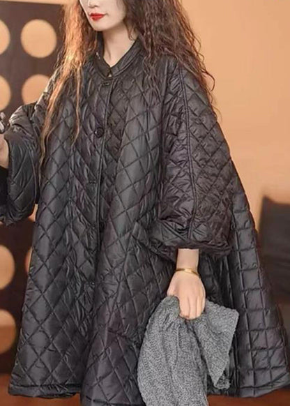 Loose Black O-neck Plaid Patchwork Button Pockets Parka Spring