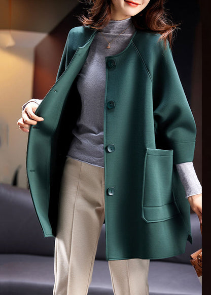 Loose Black O-neck Pockets Button Coats Long Sleeve