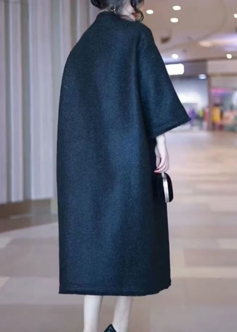 Loose Black O-neck Pockets Woolen Coats Winter