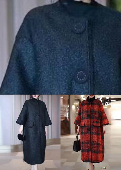 Loose Black O-neck Pockets Woolen Coats Winter