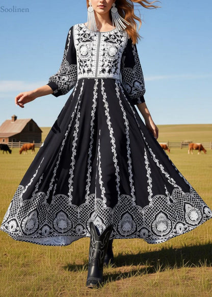 Loose Black O Neck Print Exra Large Hem Cotton Dress Summer