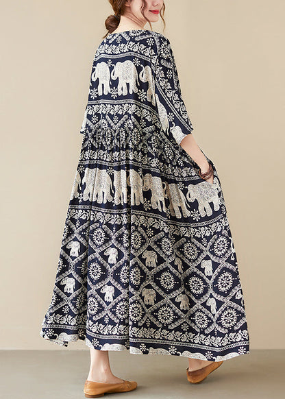 Loose Black O-neck Print Maxi Dress Half Sleeve