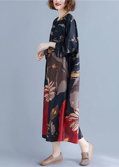 Loose Black O-neck Print Maxi Dress Long Sleeve