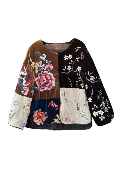 Loose Black O-neck Print Patchwork Button Warm Fleece Velour Coats Winter