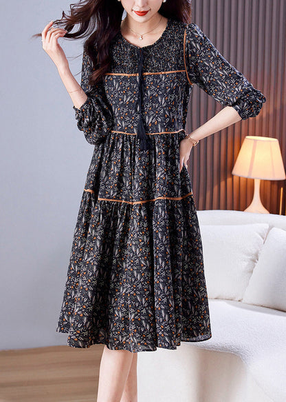 Loose Black O-neck Print Patchwork Wrinkled Chiffon Long Dresses Spring