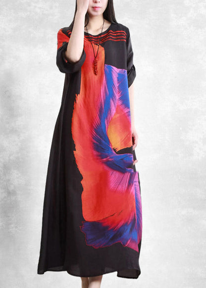 Loose Black O-neck Print Pockets Silk Dress Half Sleeve