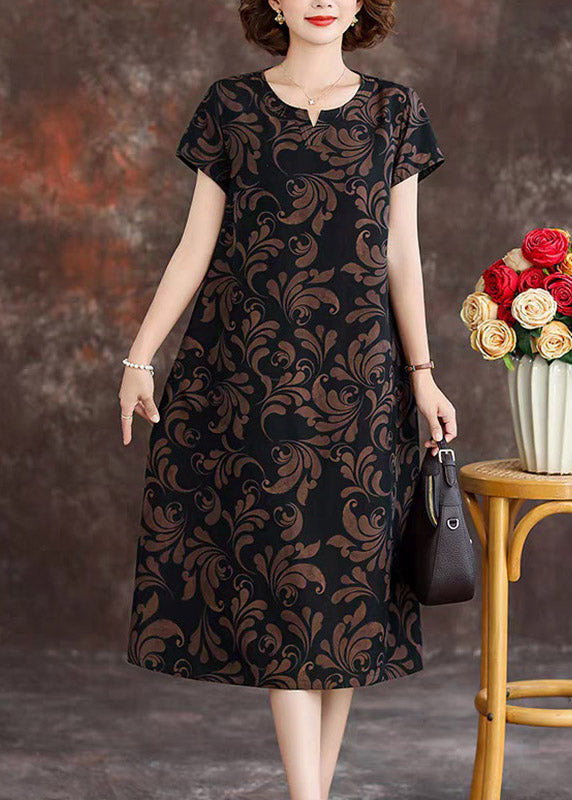 Loose Black O-neck Print Silk Maxi Dresses Summer