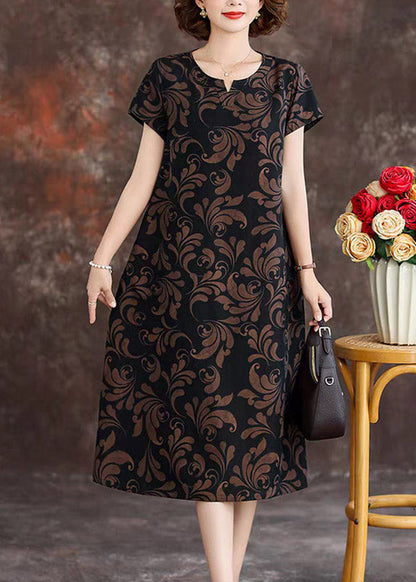 Loose Black O-neck Print Silk Maxi Dresses Summer