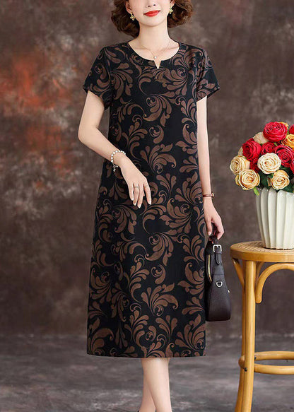 Loose Black O-neck Print Silk Maxi Dresses Summer