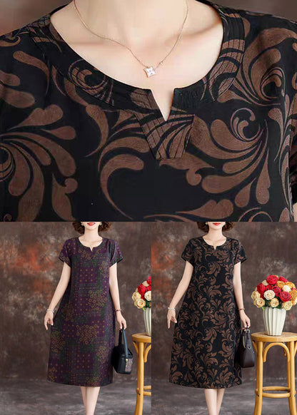 Loose Black O-neck Print Silk Maxi Dresses Summer
