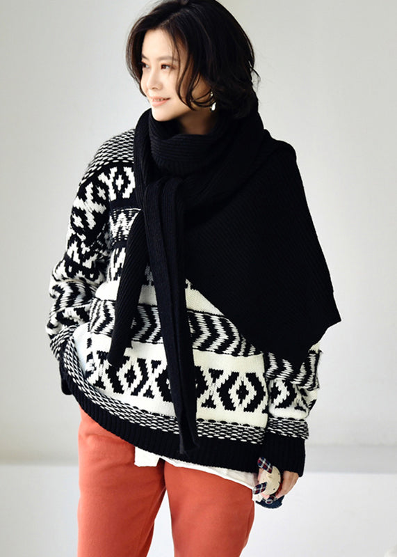 Loose Black O-neck Print Thick Cotton Knit Sweaters Fall