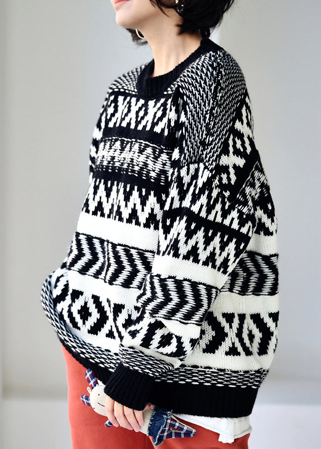 Loose Black O-neck Print Thick Cotton Knit Sweaters Fall