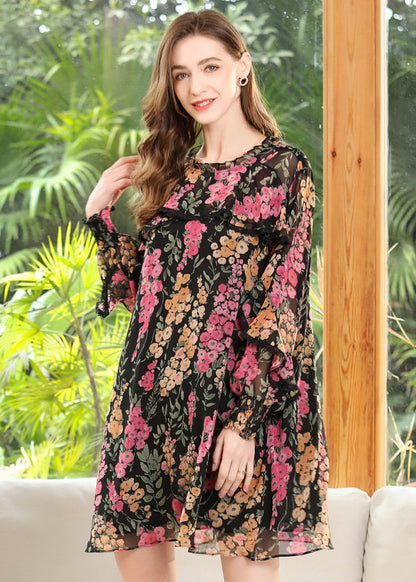 Loose Black O-neck Ruffled Print Chiffon Maxi Dress Spring