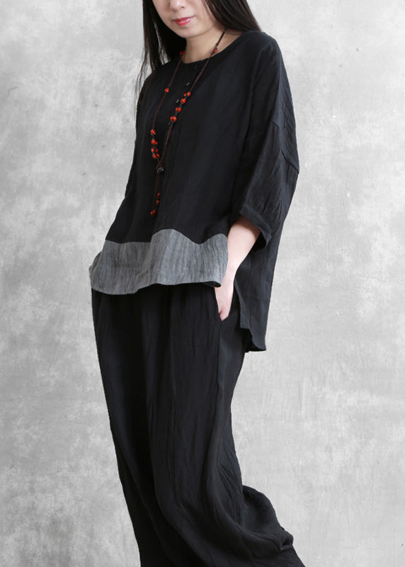 Loose Black O-neck Side Open Linen Top and Wide Leg Pants Two Pieces Set Long Sleeve