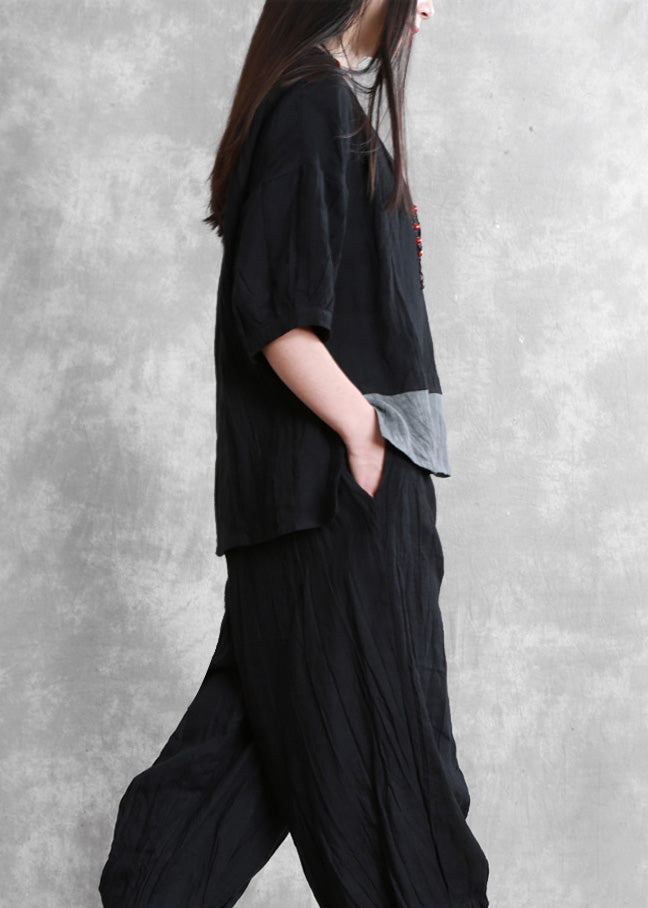 Loose Black O-neck Side Open Linen Top and Wide Leg Pants Two Pieces Set Long Sleeve