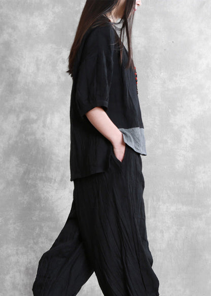 Loose Black O-neck Side Open Linen Top and Wide Leg Pants Two Pieces Set Long Sleeve
