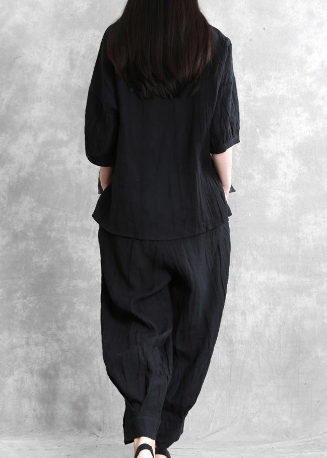 Loose Black O-neck Side Open Linen Top and Wide Leg Pants Two Pieces Set Long Sleeve