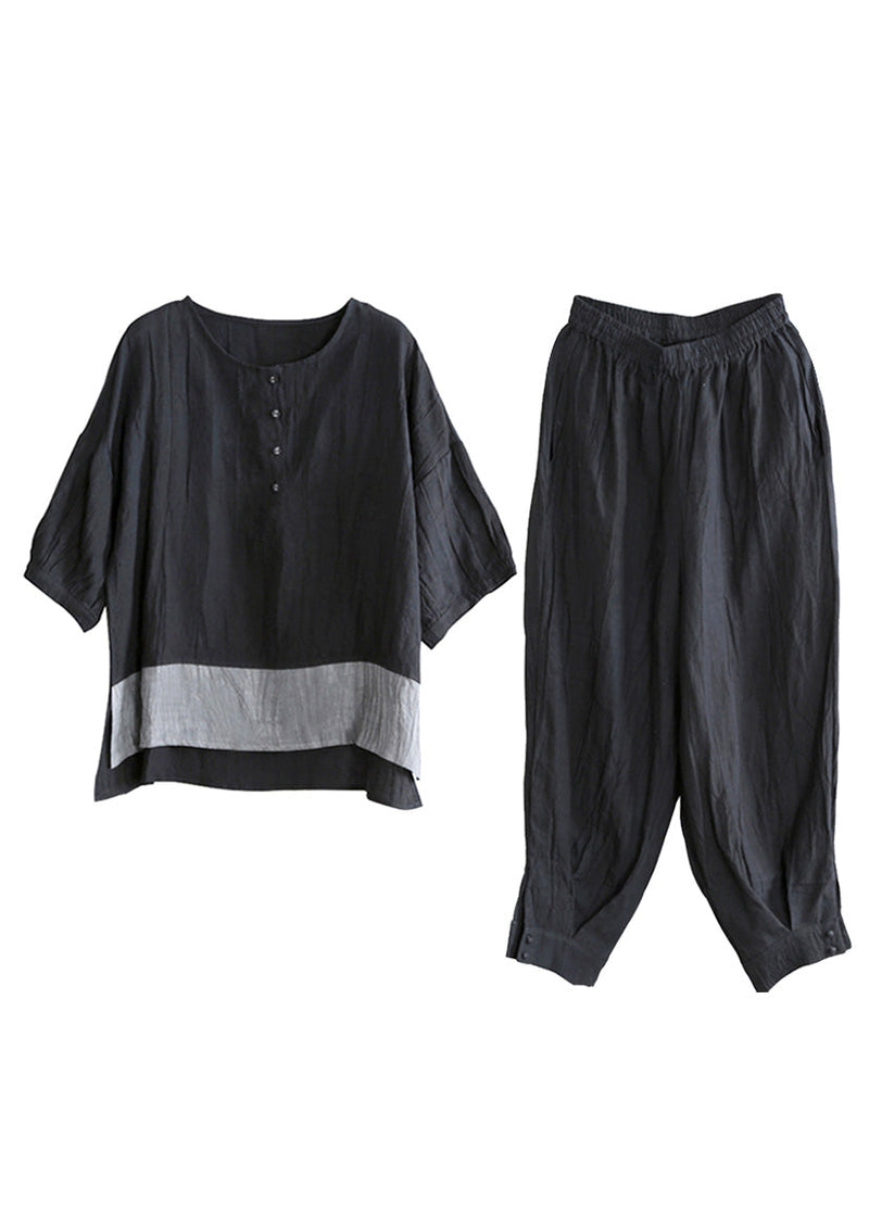Loose Black O-neck Side Open Linen Top and Wide Leg Pants Two Pieces Set Long Sleeve