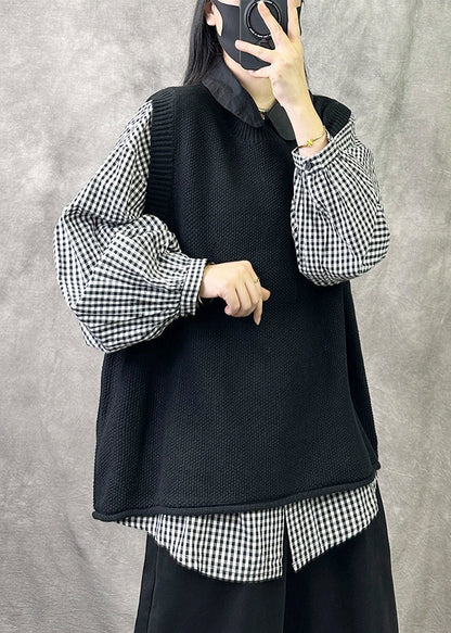 Loose Black O Neck Cozy Knit Waistcoat Sleeveless