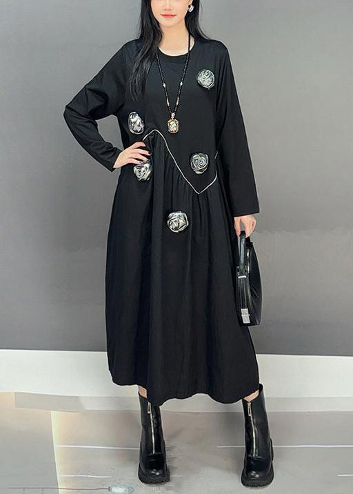 Loose Black O Neck Patchwork Cotton Dress Fall