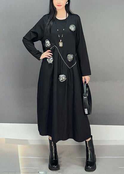 Loose Black O Neck Patchwork Cotton Dress Fall